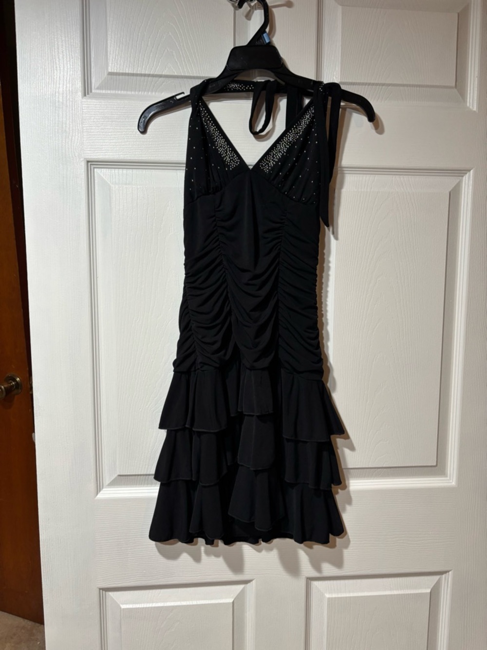 XOXO Black Halter Ruffled Mini Dress with Studded V-Neck